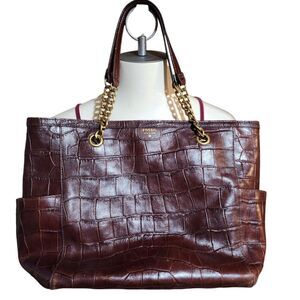 FOSSIL MIMI SHOPPER DARK BROWN CROCODILE LEATHER TOTE,GOLD CHAIN SHOULDER BAG